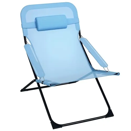 Outsunny Klappstuhl - Blau, 69Lx91Wx96Hcm - Camping-Möbel für maximalen Komfort: Hochlehne, glatte Armlehnen und weich gepolsterte Kopfstütze – perfekt für Garten, Terrasse oder unterwegs.