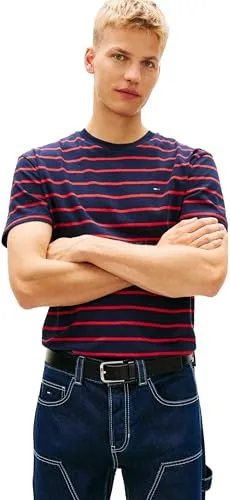 Tommy Jeans Herren T-Shirt Kurzarm Stripe mit Logo, Mehrfarbig (Dark Night Navy Stripe), XL