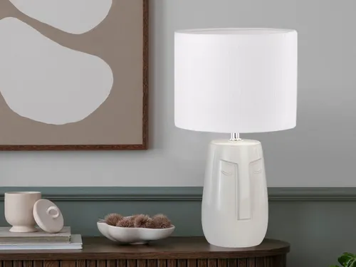 Tischlampe mit Keramikfuß Beige & Leinenschirm Weiß, 39cm - Tischlampen, eleganter Keramikfuß mit edlem Gesichtsrelief und stilvollem Leinenschirm für ein harmonisches Lichtambiente.