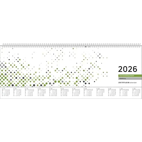 Zettler Tischquerkalender 1W/2S ver. Rückw. PERFO XL grün 2026 – Wochenkalender 36 × 11 cm mit verlängerter Rückwand & Aufstellvorrichtung, grün/weißes Papier, Stundeneinteilung 7–20 Uhr
