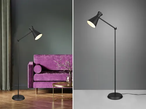 Kleine LED Bauhaus Stehleuchte mit Gelenkarm & Fußschalter in Schwarz, 150cm - Moderne Stehlampe für vielseitige Einsätze, mit Gelenkarm und dimmbarem LED Leuchtmittel für individuellen Lichtkomfort.