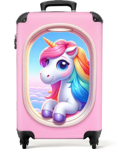 NoBoringSuitcases.com© Kinderkoffer Weißes Einhorn am rosafarbenen Fenster eines Flugzeugs 55x35x20cm, 4 Rollen, Handgepäck-Koffer, Kinderkoffer, Reisekoffer Mädchen