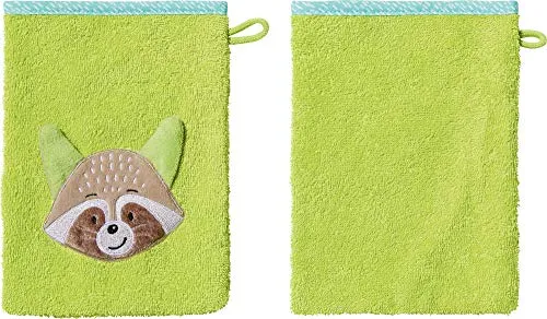 Erwin Müller Kinder-Waschhandschuh, Waschlappen 2er- Pack Waschbär Walk-Frottier grün Größe 15x21 cm - weich, saugstark, strapazierfähig, mit Aufhängeschlaufe