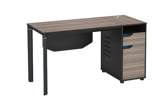 Moderner Schreibtisch in Holzoptik – Braun Schwarz mit Kabeldurchlass - Stylischer Schreibtisch mit praktischem Kabeldurchlass und Stauraum, ideal für das Arbeitszimmer. Maße: 140 x 60 x 75 cm, aus robustem Massivholz, modernes Design für Erwachsene.