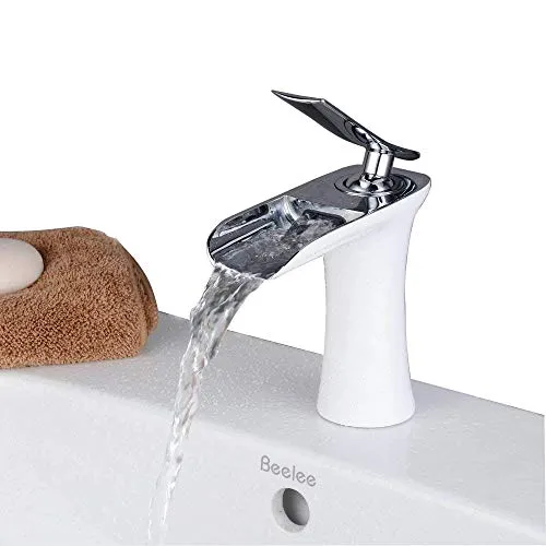 Waschtischarmatur Wasserfall Wasserhahn Bad Mischbatterie Modern Einhebel Waschbecken Armatur für Badezimmer Waschtisch, Weiße Malerei und Chrom, Beelee BL9009W