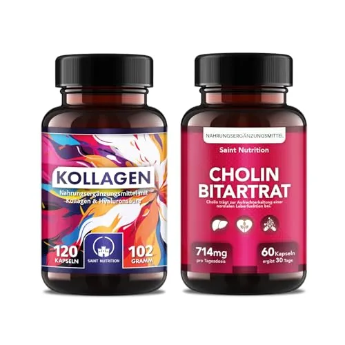 Saint Nutrition® Kollagen + Cholin Bitartrat Kapseln - Kollagen-Präparate mit 1000 mg Tagesdosis, unterstützt Haut, Haare und Nägel. Angereichert mit Vitamin C, Zink und Biotin für natürliche Schönheit von innen.