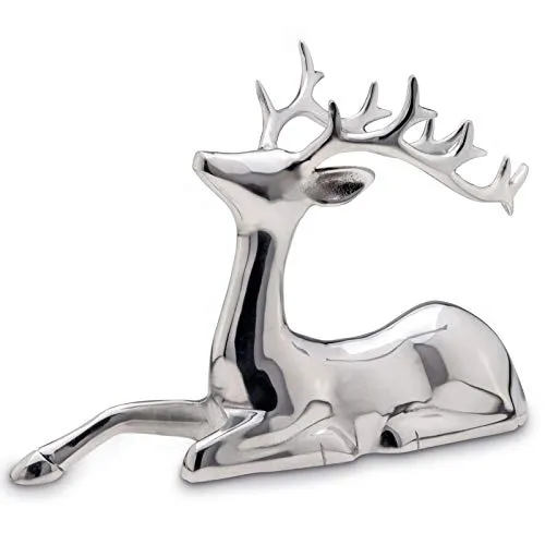 Große sitzende Aluminium Deko Rentier Figur - silbern glänzende Hirsch Geweih Weihnachts-Deko zum Hinstellen Höhe 25 cm