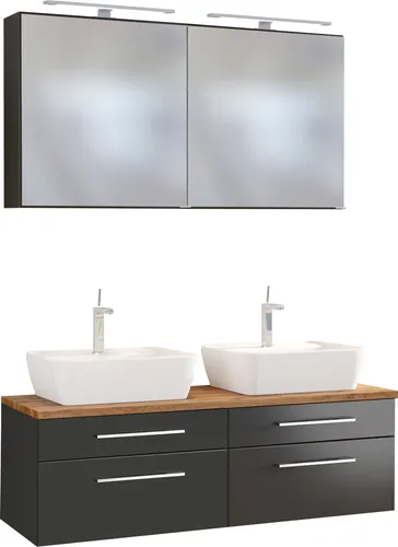 Held Möbel Waschtisch-Set Davos 120 cm - Badmöbelset in modernem Design, inklusive Spiegelschrank, aus hochwertigem MDF in matt grau, ideal für stilvolle Badezimmergestaltung.