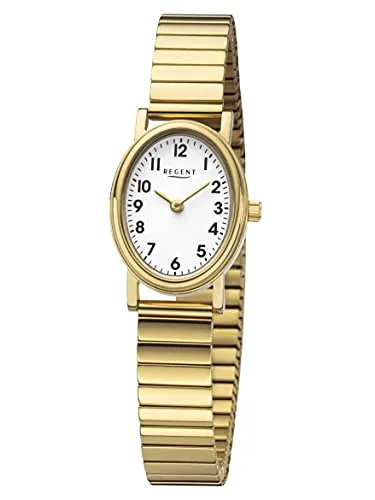 REGENT Damenuhr F-1362 - Elegantes Design mit Edelstahl Zugband - Armbanduhren für Damen mit ovalem Gehäuse, spritzwassergeschützt und goldfarbenem Edelstahl Zugband für einen stilvollen Look im Alltag.