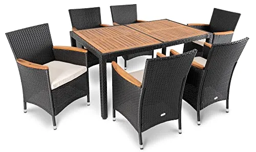 di volio Polyrattan Sitzgruppe Verona - Stilvolle Lounge Gartenmöbel für Terrasse - Esssets für die Terrasse mit langlebigem Polyrattan, einem geräumigen Tisch aus Akazienholz und 6 bequemen, imprägnierten Sitzkissen für höchsten Sitzkomfort.