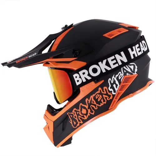 Broken Head Crosshelm Hunter Light Orange + MX-Brille Struggler Mit Magnetglas - Dirtbike-Set mit Crosshelm und MX-Brille in leuchtendem Orange. Der Helm bietet Sicherheit mit ECE 22.05 Norm und ist ausgestattet mit atmungsaktivem, herausnehmbarem Innenfutter und Bluetooth-Vorbereitung.