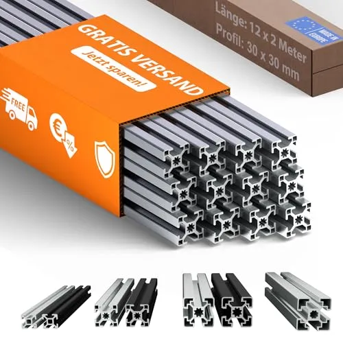 Aluminium Konstruktionsprofil 30x30 Nut 8 Set – 12 Stück in grau von Tivendis