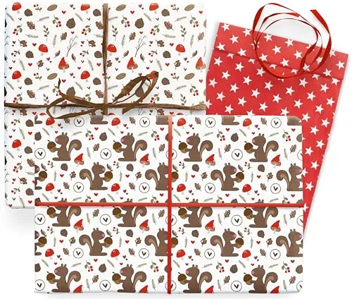 KuschelICH Geschenkpapier Set Weihnachten komplett mit Geschenkband und Geschenktüten (Squirrel)