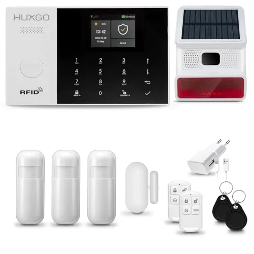 Alarmanlage Haus WiFi + GSM mit Solar Funksirene | Tuya Smartlife App | Alarm System mit Fenstersensor, 3X Bewegungssensor | Alarmanlage Wohnung, Garage | Smart Home Security HXA005 HUXGO®
