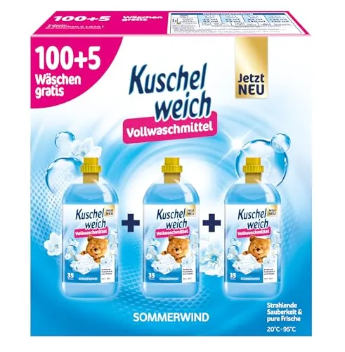 Kuschelweich Vollwaschmittel flüssig - 3er Set Flaschen für 105 Wäschen - mikroplastikfrei, vegan - 5,77 l - Sommerwind