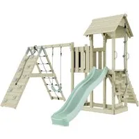 OutdoorToys Spielturm - Schaukelspielturm aus hochwertigem Holz in mintgrün, ideal für Kinder ab 3 Jahren – fördert Spiel und Bewegung im eigenen Garten.