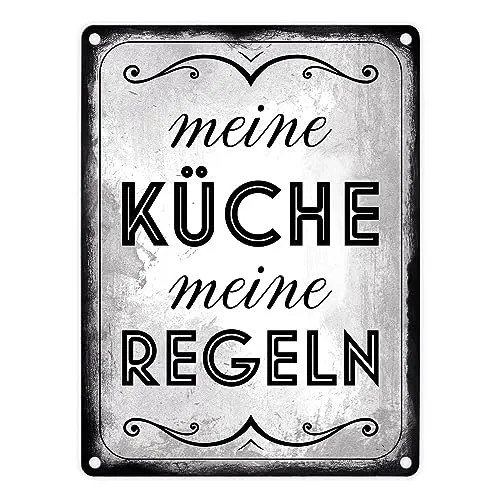 Meine Küche meine Regeln Retro Metallschild in 15x20 cm stilvolles Blechschild für die Küche um allen zu zeigen wer in dieser Küche die Hosen an hat