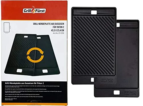 Grillfürst Universal Gusseisenplatte 43,5 x 23,5 cm - Hochwertige Grillplatte für gleichmäßige Hitzeverteilung und tolles Röstaroma, ideal für Landmann Triton 2. Beidseitig nutzbar mit großen Griffen für vielseitige Anwendungen.