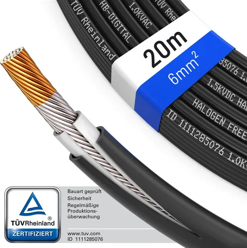 hb-digital Solarkabel 6 mm² - PV Kabel für Solar Anlagen, 20m schwarz - Hochwertiges 6 mm² Solarkabel für Solar Anlagen. Robuste Qualität mit UV-Beständigkeit, ideal für den Einsatz bei extremen Temperaturen von -40 °C bis +90 °C.