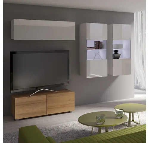 Lomadox Wohnwand CAIRNS-132 in Weiß Hochglanz & Eiche Gold von Lomadox