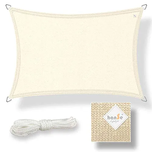 hanSe Sonnensegel rechteckig, Segeltuch Rechteck, 2x3m in Creme, aus HDPE Gewebe, wetterbeständig, mit UV Schutz und Sonnenschutz, für Garten, Balkon und Terrasse