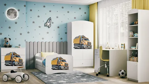 Raumhirsch Furniture Kinderkleiderschrank Lastwagen, Weiß, 90x175x52 cm - Vielseitiger Kinderkleiderschrank mit Lastwagenmotiv – Ideal für kreative Kinderzimmer. Sanft schließende Schublade, flexible Aufteilung mit 5 Regalböden und Kleiderstange. Sicherheitszertifiziert und einfach zu montieren.