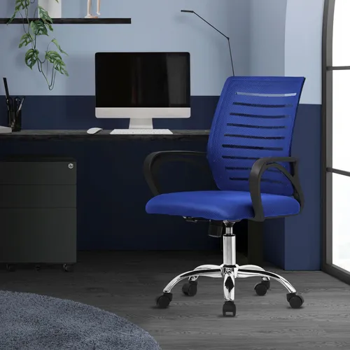 ML-DESIGN Ergonomischer Bürostuhl mit Armlehnen - Bürostuhl in Blau und Silber, 360° drehbar und mit Wippfunktion für optimalen Sitzkomfort im Home Office oder Gaming.