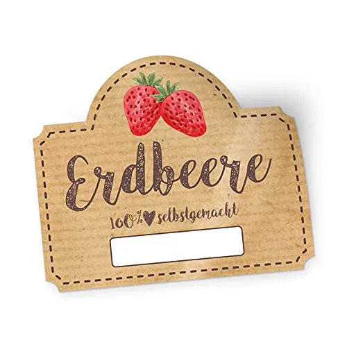 itenga 50x Marmeladen Etikett Erdbeere Aufkleber 100% selbstgemacht Sticker braun selbstklebend für Marmelade Einmachgläser Geschenke - hochwertiges Papier - 4,5x3,8cm