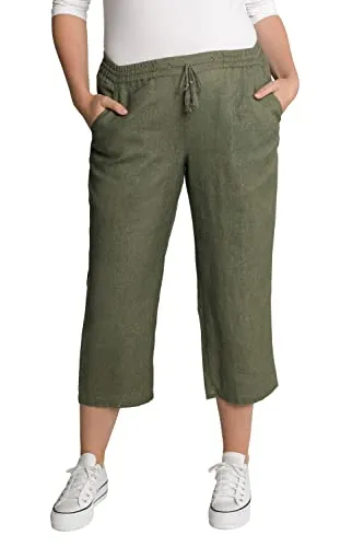 Ulla Popken Damen Cool Linen Capri Pants, Loden Grün, 36W / 32L - Wanderhosen mit elastischem Bund und Kordelzug, ideal für warmes Wetter und aktive Freizeitgestaltung.