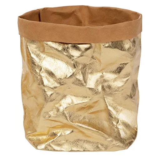 ONVAYA® Aufbewahrungskorb Gold/grau | Krempelbox | Dekobox | Geschenkbox | Lederoptik | vegan | waschbar | Brotkorb | Badaufbewahrung (Gold | M)