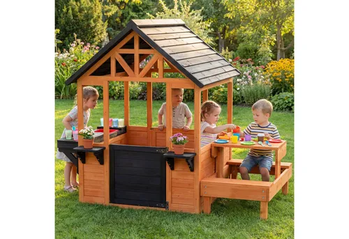 AIYAPLAY Spielhaus Outdoor aus Holz für Kinder mit Tisch und Bank - Kreatives Spielhaus für Kinder von 3-8 Jahren: Mit Spülstation, Snackbar-Fenster und großzügigem Innenraum für fantasievolles Rollenspiel. Hergestellt aus massivem Tannenholz, ideal für Garten und Terrasse.