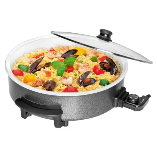 Clatronic® Partypfanne | Multifunktionspfanne zum Kochen, Braten und mehr | Keramikbeschichteter Bräter mit Deckel | Elektrischer Topf mit Thermostat | Ø 42 cm, T:9 cm | PP 3570 C