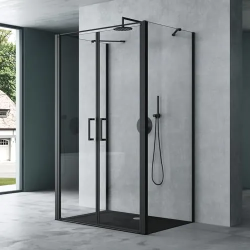 Mai & Mai Duschkabine U-Form 100x120 cm - Moderne Duschkabine mit 8mm ESG-Sicherheitsglas und doppelten Drehtüren, ideal für stilvolle Badezimmer. Aus hochwertigem schwarzem Aluminium mit praktischer Hebe- und Senkmechanik.