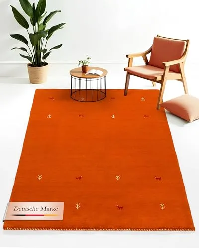 carpetfine Wollteppich Gabbeh Uni Orange 60x90 cm | Moderner Teppich für Wohn- und Schlafzimmer