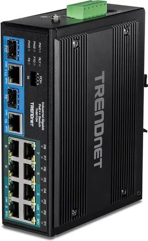 TRENDnet 10-Port Industrial Gbit PoE++ Switch - Switch u. Bridges, ideal für industrielle Anwendungen mit 360 W PoE++ und flexibler DIN-Schienenmontage.