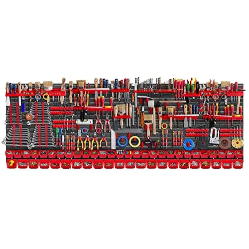 KADAX Werkzeugwandregal Groß, 232x78cm Lagersystem aus robustem Kunststoff, UV-Resistentes Modul-System, Erweiterbare Wandplatten, Werkstattregal für Garage (Rot, 140 tlg.)