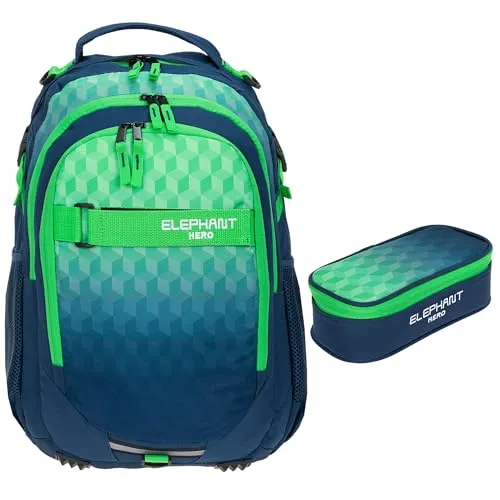 Elephant Hero Signature Schulrucksack Set 2 Teile - Green Cube - Schulrucksäcke mit Laptopfach und Super Soft Air 3D Polstertragesystem für hohen Komfort. Inkl. geräumigem Mäppchen, ideal für Schule und Alltag.