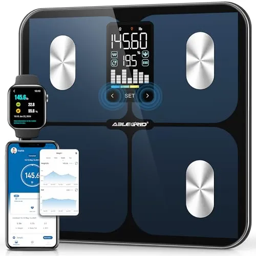 ABLEGRID Digitale intelligente Personenwaage für Körpergewicht und Fettanteil, Körperfettwaage mit großem BMI-LCD-Display, genauer Körperzusammensetzungsanalysator, Wiegemaschine für Menschen mit