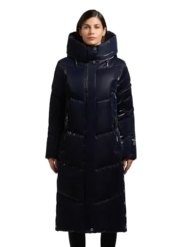 khujo Damen Wintermantel warmer Steppmantel lang aus angesagtem glänzendem Material Pulset Shiny Midnight Blue Gr. XL