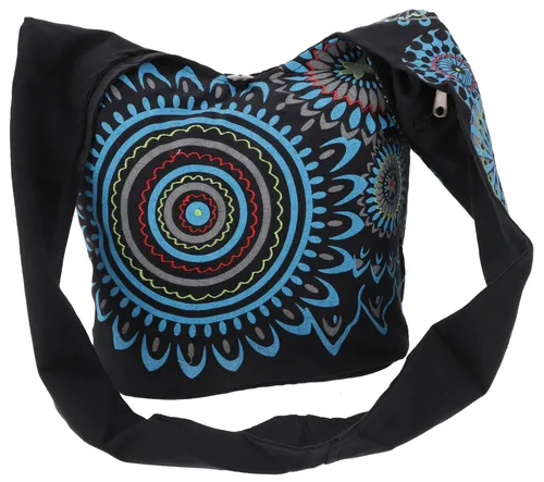 Bestickte Boho Tasche, Schulterbeutel mit Mandala, Nepalbeutel - schwarz/türki