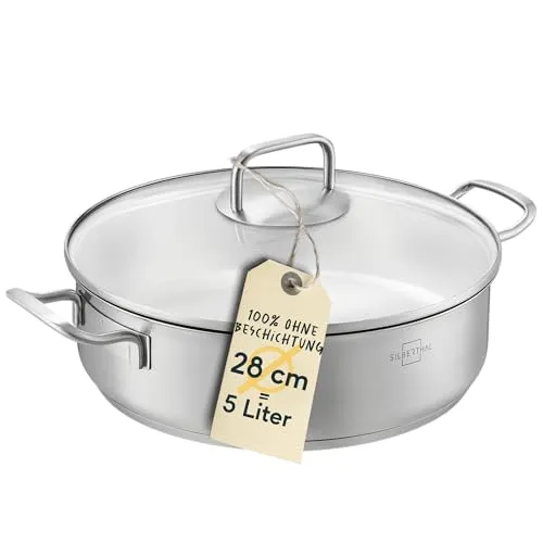 SILBERTHAL Schmorpfanne Unbeschichtet 28 cm - Hochwertige Servierpfanne mit Deckel - Hochwertige Schmorpfanne mit 5l Volumen, ideal für zarte Gerichte. Robuster Edelstahl, induktionsgeeignet und bis 400°C backofengeeignet. Ergonomische Griffe für einfaches Handling.