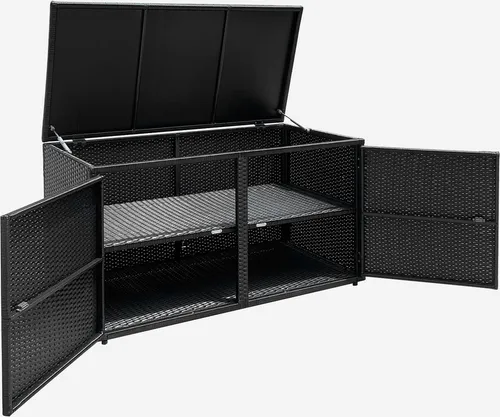 GOPLUS 335L Polyrattan Auflagenbox mit Doppelfach und Deckel - Geräumige Kissenbox mit 335L Stauraum und doppelter Ablage für eine ordentliche Aufbewahrung. Wetterfestes Material und elegante Rattanoptik machen sie ideal für Garten, Balkon und Terrasse.