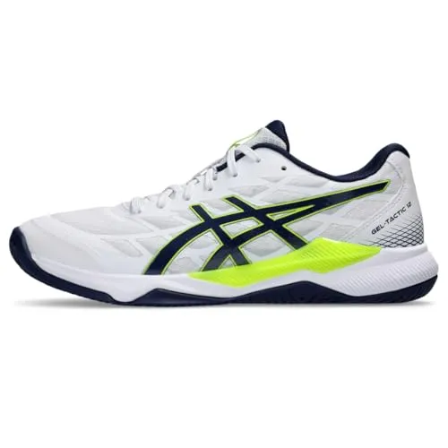 Asics Gel-Tactic 12 - Damen Volleyballschuhe in Weiß/Blau, Gr. 11,5 - Damen-Volleyballschuhe mit atmungsaktiven Mesh-Einsätzen und Kunstlederüberzügen für optimalen Komfort und Grip auf dem Spielfeld.