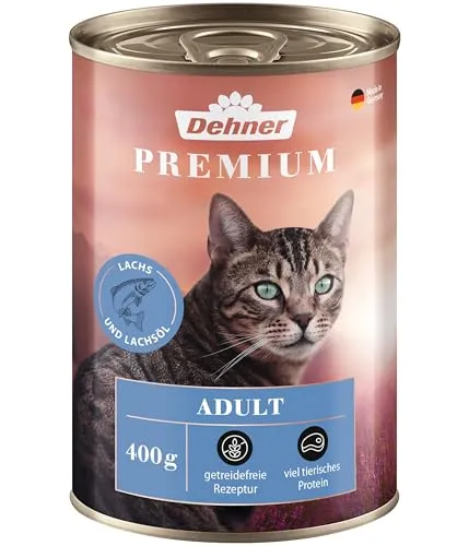 Dehner Premium Katzenfutter, Nassfutter getreidefrei, für ausgewachsene Katzen, Lachs, 6 x 400 g Dose (2.4 kg)