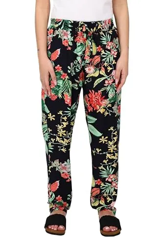 Easy Young Fashion Damen Sommerhose - Florale Freizeithose mit elastischem Bund - Lange Boho Hose - Strandhose Stoffhose aus Baumwolle 777 - (Schwarz-Floral)