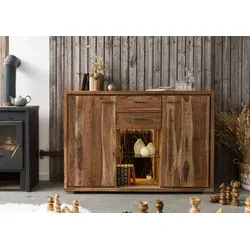 Highboard Akazie 145x40x101 – Natur lackiert, BARK #114 - Elegantes Highboard aus massivem Akazienholz mit zwei Türen, zwei Schubladen und Glasböden. Integriertes LED-Lichtband setzt die natürliche Baumrinde gekonnt in Szene. Perfekt kombinierbar mit weiteren Möbeln der BARK-Serie.