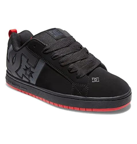 DC Shoes Herren Court Graffik Sneaker - Schwarz/Grau/Rot, 55 EU - Stylische Herren Sneaker aus Leder/Textil mit atmungsaktiver Mesh-Zunge. Gepolsterter Schuhkragen für optimalen Komfort und die markante Pill-Pattern-Lauffläche für besten Halt.