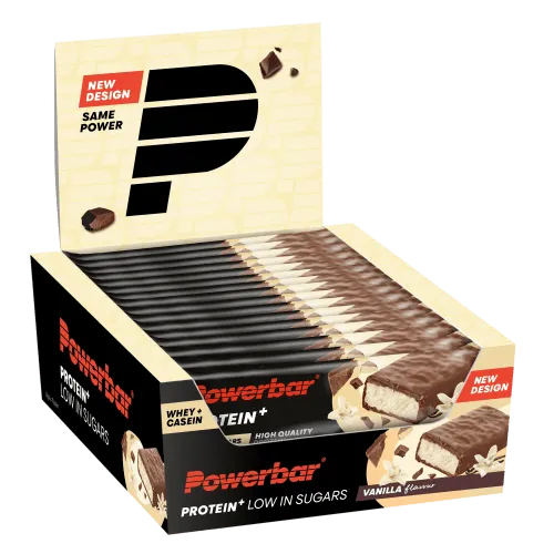 Powerbar Protein Plus Low Sugar Riegel - Vanilla - 16x35g - Proteinriegel mit nur 1,6g Zucker pro Riegel, ideal nach dem Sport oder als Snack. Hochwertiges Protein unterstützt Muskelaufbau, entwickelt in Deutschland für beste Qualität.