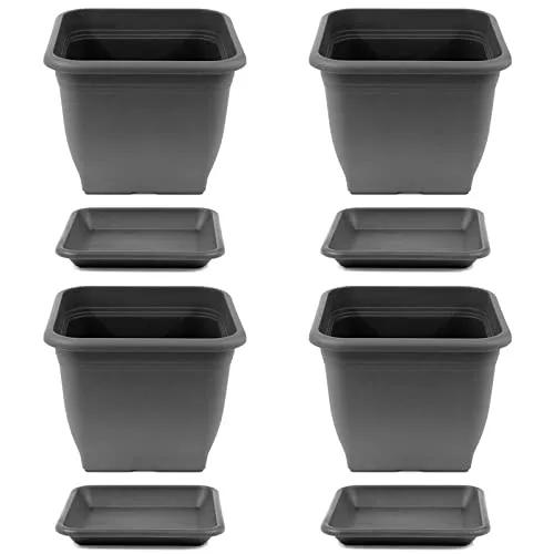 HAC24 4X Pflanztopf 23 x 23 cm Kunststoff incl. Untersetzer Eckig Anthrazit Pflanzkübel Pflanzuntersetzer Blumentopf Blumenkübel Pflanzcontainer