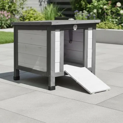 Mucola Tierhaus Katzenhaus Weiß/Grau - Hochwertiges Outdoor Katzenhaus aus Holz mit verschließbarer Türklappe und Rampe - ideal für komfortable Rückzugsorte im Garten oder auf der Terrasse.